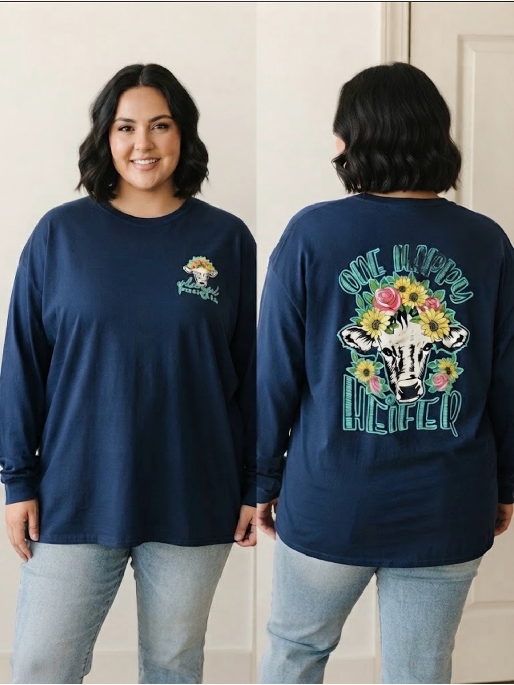 Plus Size One Happy Heifer 2XL Cow Blue Long Sleeve Oversized Cotton T-Shirt Top